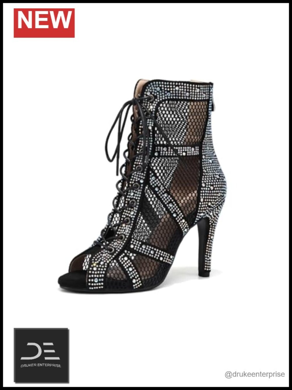 Women Rhinestone Lace Up Open Toe Ankle Boots Latin Salsa Dance Practice Heels